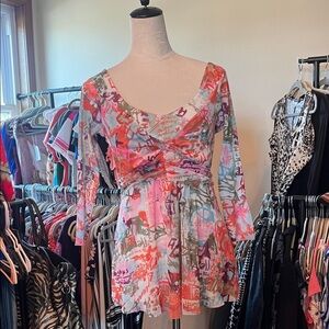 Weston Wear Women's Pink Multi-Print Long-Sleeve V-Neck Top